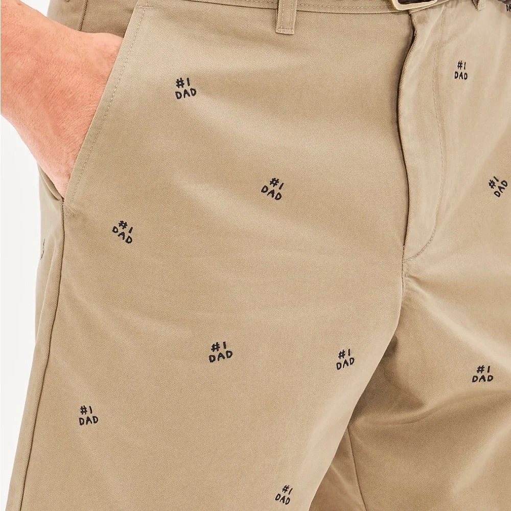 J. Crew Men's 8” Classic Tan Chino Shorts with #1 Dad Embroidery, 34W, NWOT